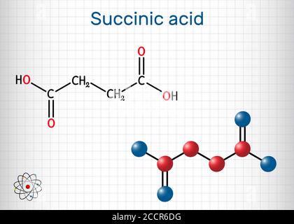 Succinic acid, butanedioic acid, C4H6O4 molecule. It is food additive E363.The anion, succinate, is component of citric acid or TCA. Sheet of paper in Stock Vector