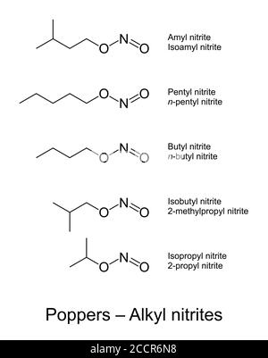 Poppers, alkyl nitrites chemical structures. Slang term for chemical compounds, used especially in the gay scene as recreational drugs. Stock Photo