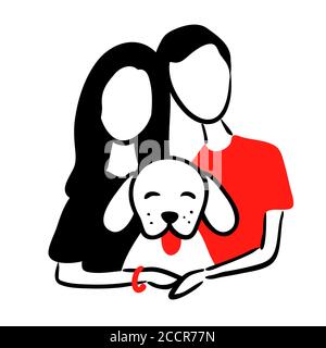 Cartoon portrait of couple loves dog logo line art. Man and woman hugs pet vector illustration. Happy family care about domestic animals outline round symbol. Zoo highlights simple icon isolated white Stock Vector