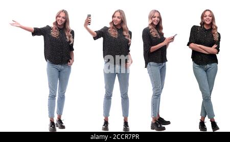 collage of photos of a young man and woman in jeans Stock Photo