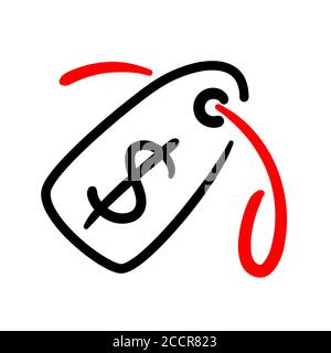 Price tag outline logo in hand drawn style. Sell line symbol with red elements illustration, sign, emblem. Round sale banner badge. Vector graphic discount coupon isolated on white background. Stock Vector