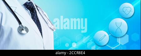 Collage of doctor in lab coat and medical pictograms over blue background, web banner with free space Stock Photo