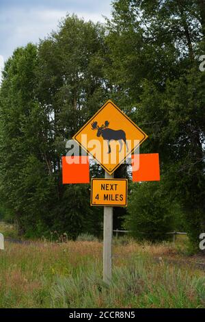 View of a moose crossing sign on the road in Grand Teton National Park in Wyoming, United States Stock Photo