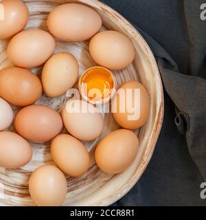 Organic raw brown chicken eggs in a ceramic old dish. Easter. Rustic style. Selective focus, top view, square image Stock Photo