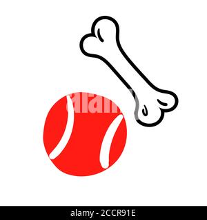 Dog toys round line icon. Doodle illustration with ball and bone outline logo. Pet games simple thin hand drawn sketch. Dogs play element for social highlights vector isolated on white background. Stock Vector