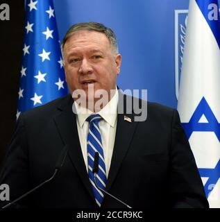 Jerusalem, Israel. 24th Aug, 2020. U.S. Secretary of State Mike Pompeo speaks at a joint press briefing with Israeli Prime Minister Benjamin Netanyahu, not seen, in Jerusalem, on Monday, August 24, 2020. Photo by Debbie Hill/UPI Credit: UPI/Alamy Live News Stock Photo