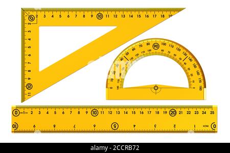 Set of yellow plastic rulers isolated on white background. School supplies. Back to School Stock Photo