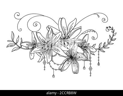 Floral botanical hand drawn line art decorative lily flowers and leaves composition. Vector monochrome floral template illustration for wedding invita Stock Vector