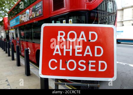 London, England, UK. Road Ahead Closed sign on Whitehall Stock Photo