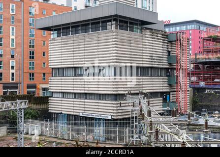 New Street Signal Box, Navigation Street, Birmingham, England, UK. Designed by architects John Bicknell and Paul Hamilton in collaboration with British Rail regional architect William Headley. The building is a classic 1960's brutalist design constructed of corrugated concrete. Stock Photo