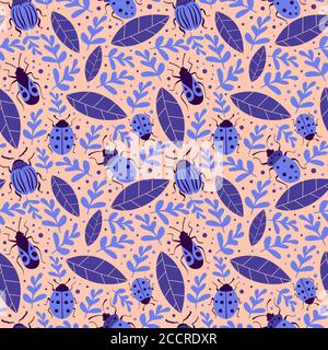 Seamless pattern with bugs and leaves on pink background. Vector illustration. Stock Vector
