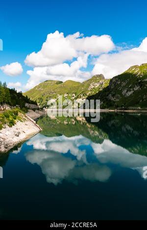 View of Fedaia lake at Fedaia pass in Italy Stock Photo