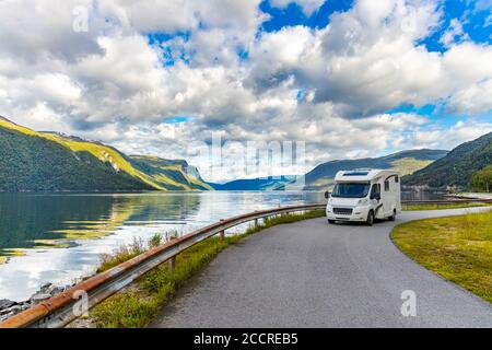 Family vacation travel RV, holiday trip in motorhome, Caravan car Vacation. Stock Photo