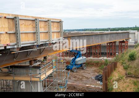 Taplow, Berkshire, UK - 16th August, 2020. The M4 was closed again this weekend between junctions 6 (Slough/Windsor) and Junction 8/9 (Maidenhead) as the final part of a new bridge across the M4 was installed. The hard shoulder between the M4 Junctions 3 and 12 will be converted into a traffic lane, however, the project remains controversial following the number of deaths on other UK Smart Motorways. Credit: Maureen McLean/Alamy Stock Photo