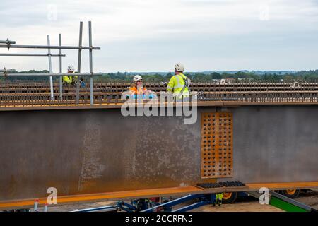 Taplow, Berkshire, UK - 16th August, 2020. The M4 was closed again this weekend between junctions 6 (Slough/Windsor) and Junction 8/9 (Maidenhead) as the final part of a new bridge across the M4 was installed. The hard shoulder between the M4 Junctions 3 and 12 will be converted into a traffic lane, however, the project remains controversial following the number of deaths on other UK Smart Motorways. Credit: Maureen McLean/Alamy Stock Photo