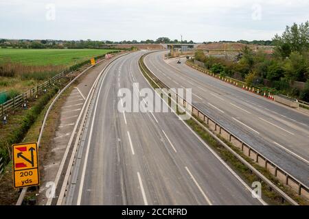 Taplow, Berkshire, UK - 16th August, 2020. The M4 was closed again this weekend between junctions 6 (Slough/Windsor) and Junction 8/9 (Maidenhead) as the final part of a new bridge across the M4 was installed. The hard shoulder between the M4 Junctions 3 and 12 will be converted into a traffic lane, however, the project remains controversial following the number of deaths on other UK Smart Motorways. Credit: Maureen McLean/Alamy Stock Photo