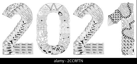 Number 2021 Zentangle. Vector decorative object for coloring Stock Vector