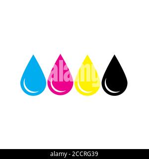 Ink drops in CMYK colors - cyan, magenta, yellow, key. Print design element theme. Simple flat vector illustration. Stock Vector