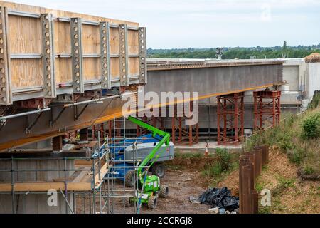 Taplow, Berkshire, UK - 16th August, 2020. The M4 was closed again this weekend between junctions 6 (Slough/Windsor) and Junction 8/9 (Maidenhead) as the final part of a new bridge across the M4 was installed. The hard shoulder between the M4 Junctions 3 and 12 will be converted into a traffic lane, however, the project remains controversial following the number of deaths on other UK Smart Motorways. Credit: Maureen McLean/Alamy Stock Photo