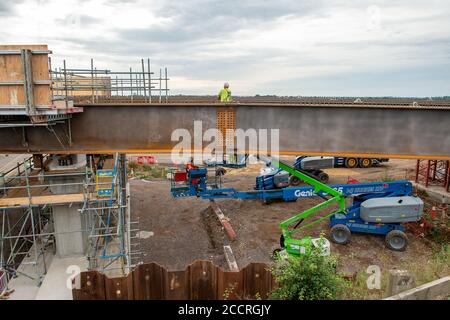 Taplow, Berkshire, UK - 16th August, 2020. The M4 was closed again this weekend between junctions 6 (Slough/Windsor) and Junction 8/9 (Maidenhead) as the final part of a new bridge across the M4 was installed. The hard shoulder between the M4 Junctions 3 and 12 will be converted into a traffic lane, however, the project remains controversial following the number of deaths on other UK Smart Motorways. Credit: Maureen McLean/Alamy Stock Photo