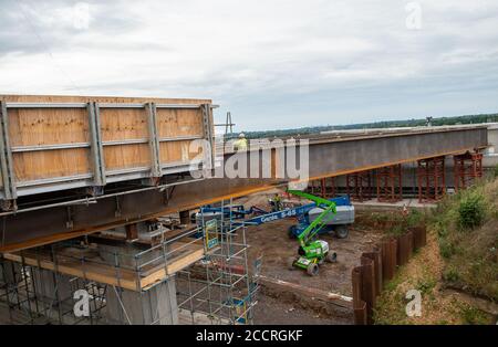 Taplow, Berkshire, UK - 16th August, 2020. The M4 was closed again this weekend between junctions 6 (Slough/Windsor) and Junction 8/9 (Maidenhead) as the final part of a new bridge across the M4 was installed. The hard shoulder between the M4 Junctions 3 and 12 will be converted into a traffic lane, however, the project remains controversial following the number of deaths on other UK Smart Motorways. Credit: Maureen McLean/Alamy Stock Photo