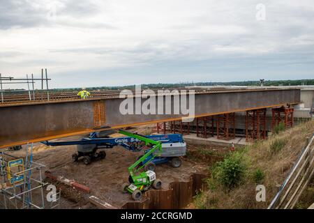 Taplow, Berkshire, UK - 16th August, 2020. The M4 was closed again this weekend between junctions 6 (Slough/Windsor) and Junction 8/9 (Maidenhead) as the final part of a new bridge across the M4 was installed. The hard shoulder between the M4 Junctions 3 and 12 will be converted into a traffic lane, however, the project remains controversial following the number of deaths on other UK Smart Motorways. Credit: Maureen McLean/Alamy Stock Photo