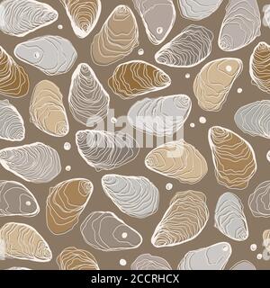 Hand Drawn Seamless Oysters and Pearls Line Pattern on Sand Color Background Stock Vector