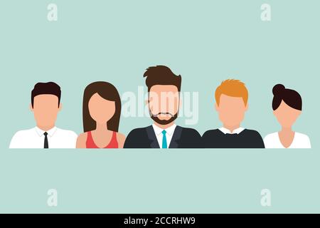 Vector illustration of project team. Flat employee avatars of the project team working together as colleagues. Stock Vector