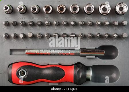 A set of replacement attachments, bits and screwdrivers, for repair. Stock Photo