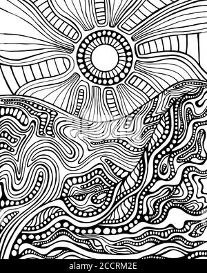 Psychedelic landscape. Coloring page for adults. Sea sunset.Sun, ocean