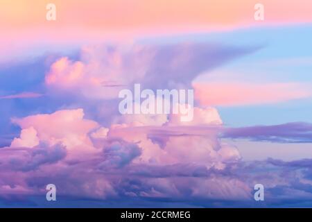 High cumulus clouds stormy during sunset blue purple pink shades, beautiful heavenly view Stock Photo