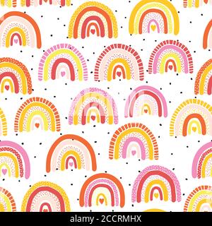 Childish seamless pattern with colorful hand drawn rainbow and dots. Trendy kids vector background. Use for fabric, wallpaper, surface pattern design Stock Vector