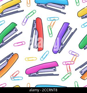 Beautiful hand drawn seamless pattern fashion stapler icon and paper clip. Hand drawn colorful sketch. Stock Vector