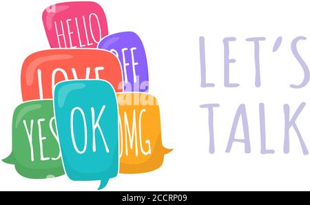 Let's talk Set of colorful different speech bubble in doodle style with text ok, hello, yes, no, omg, love, bff inside Stock Vector