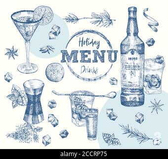 Set bottles Whiskey, vodka, cocktail, rosemary, mint citrus, ice, sugar Vintage hand drawn sketch design bar, restaurant, cafe menu, flyer, banner Stock Vector