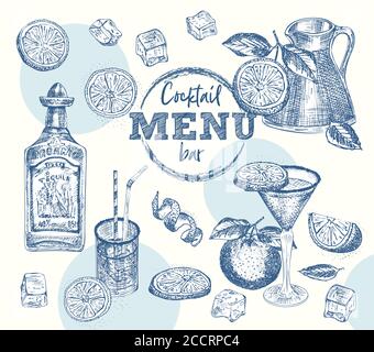 Set bottle tequila, cocktail glasses, orange, ice, citrus Vintage hand drawn sketch design bar, restaurant, cafe menu Realistic engraving style Stock Vector