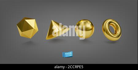 Vector Set of Realistic Golden Geometric Forms. Isolated geometry objects metallic color. Decorative Elements for design. Stock Vector
