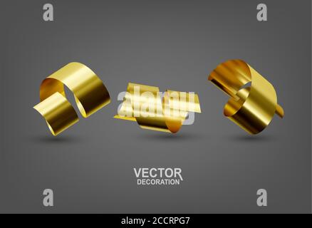 Realistic vector illustration with three gold confetti ribbons. Isolated objects. Elements for design, decoration of holiday cards Stock Vector