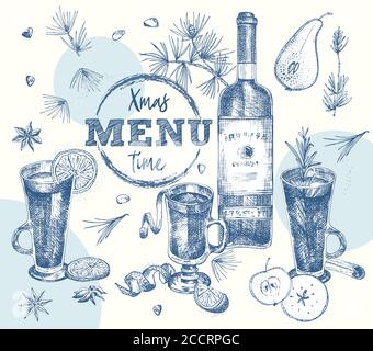 Set bottles red or white wine and christmas spices Vintage hand drawn sketch design bar, restaurant, cafe menu Realistic engraving style Creative Stock Vector