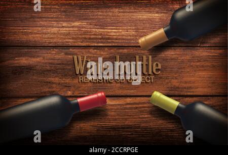 Realistic Vector illustration with three wine bottles on a wooden background. View from above. Alcohol close-up. Soft glares.  Template for design, ad Stock Vector
