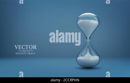Vector hourglass with transparent glass flask and white sand on a blue background. Realistic illustration with sandhours. Template for layout, design. Stock Vector