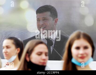 Kiev, Ukraine. 24th Aug, 2020. Ukrainian President, Volodymyr Zelensky seen on a screen as he speaks during a ceremony of the 29th anniversary of the Ukraine's Independence Day celebration at the Sophia square in Kiev. Credit: SOPA Images Limited/Alamy Live News Stock Photo