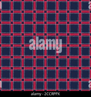Classic Hand-Drawn White, Blue and Red Tatersall Stitched Plaid Checks Vector Seamless Pattern Stock Vector