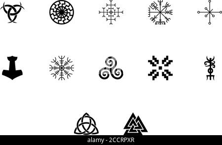 Scandinavian symbols and culture black color set solid style illustration Stock Vector