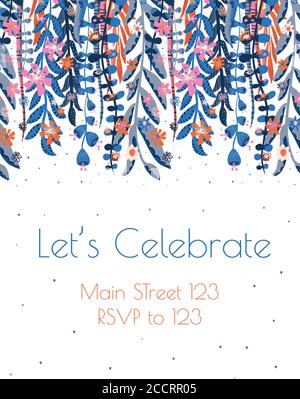Hanging vines and tropical plants and flowers frame vector illustration. Exotic foliage Scandinavian style overlay. Invitation Graphic Design fully Stock Vector