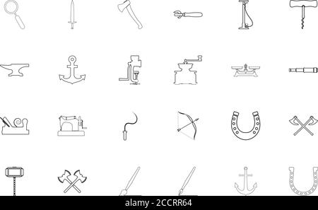 Vintage tools and craft objects black color set outline style vector illustration Stock Vector