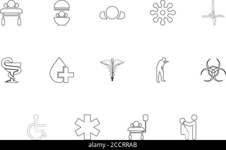 Medical symbol treatment concept outline black color set solid style vector illustration Stock Vector