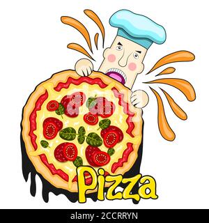 Pizza and cartoon chef bites it on a white isolated background. Vector image Stock Vector