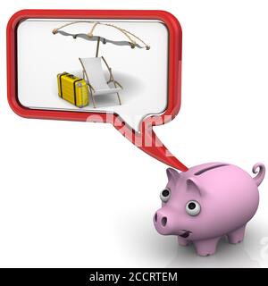 Savings on vacation. Pig piggy bank dreaming about vacation. 3D illustration Stock Photo