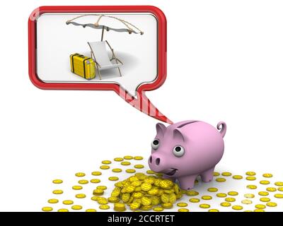 Money for the vacation. Piggy bank is dreaming about vacation. 3D illustration Stock Photo